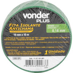 Fita isolante pvc 19mmx10m verde anti chama peça Vonder