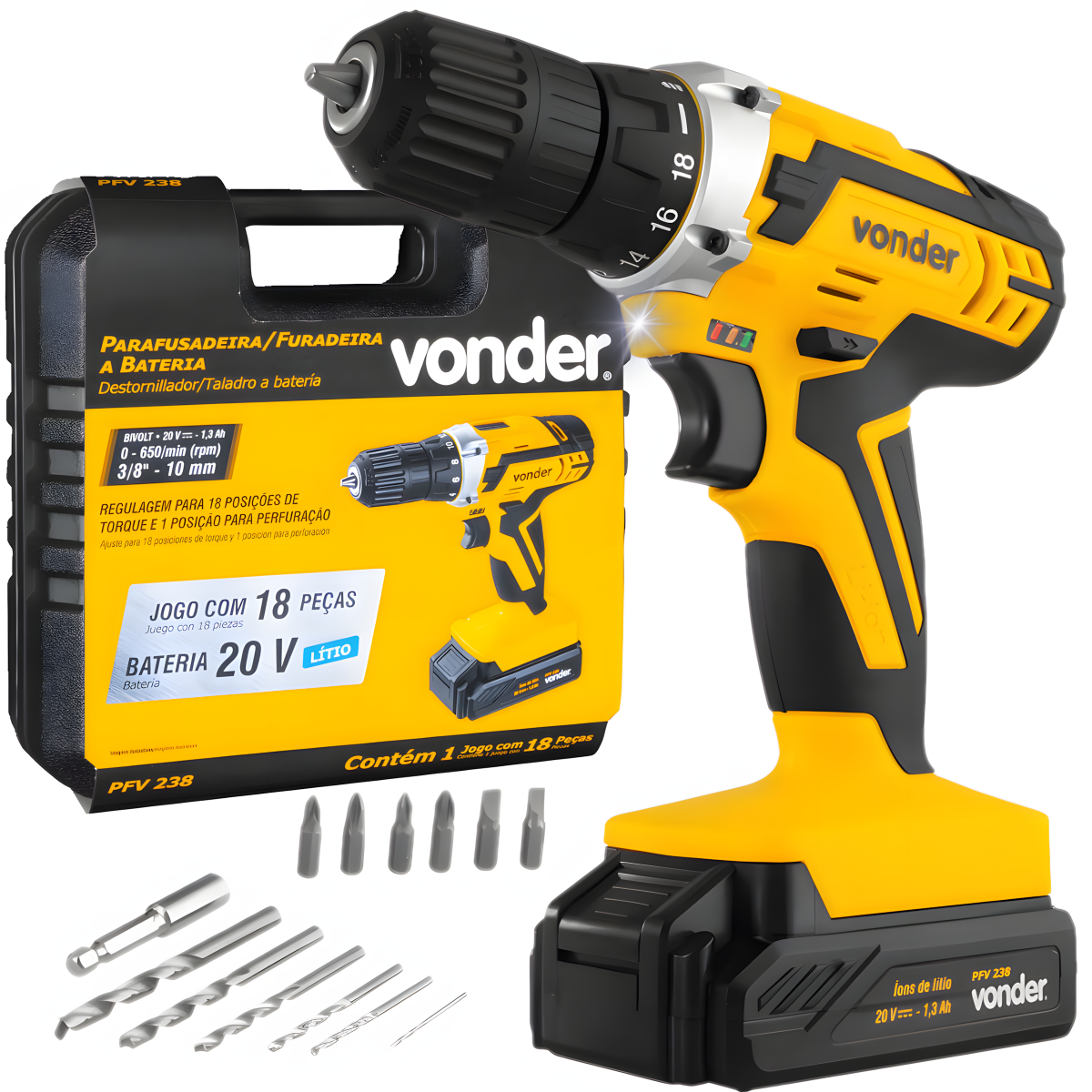 Parafusadeira e Furadeira à Bateria 20V Vonder PFV 238 Bivolt Automática para Carregamento Rápido - Guimepa