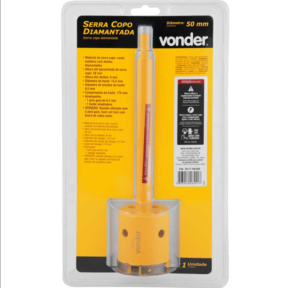 Serra Copo Diamantada 50mm com Haste para Alvenaria Vonder