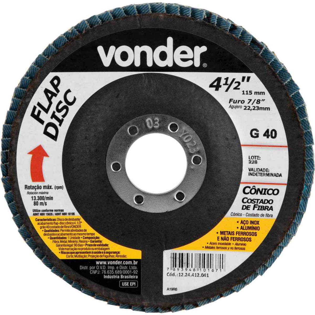 Flap Disc 4.1/2 G40 Costado Pvc Reto Aço Carbono Ino Vonder