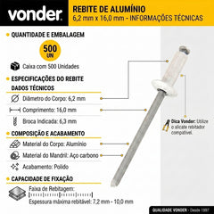 Rebite Repuxo Alumínio Vonder 6,2x16mm Caixa 500 Peças Mandril Aço Carbono Polido Fixação