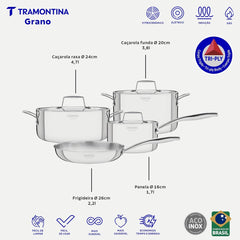 Jogo De Panelas Tramontina Grano Aço Inox Corpo Triplo 4 Peças Indução 260°C
