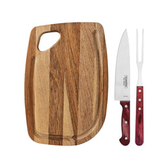 Kit Para Churrasco Tramontina 3 Peças Aço Inox Cabo Polywood Vermelho Com Tábua De Madeira