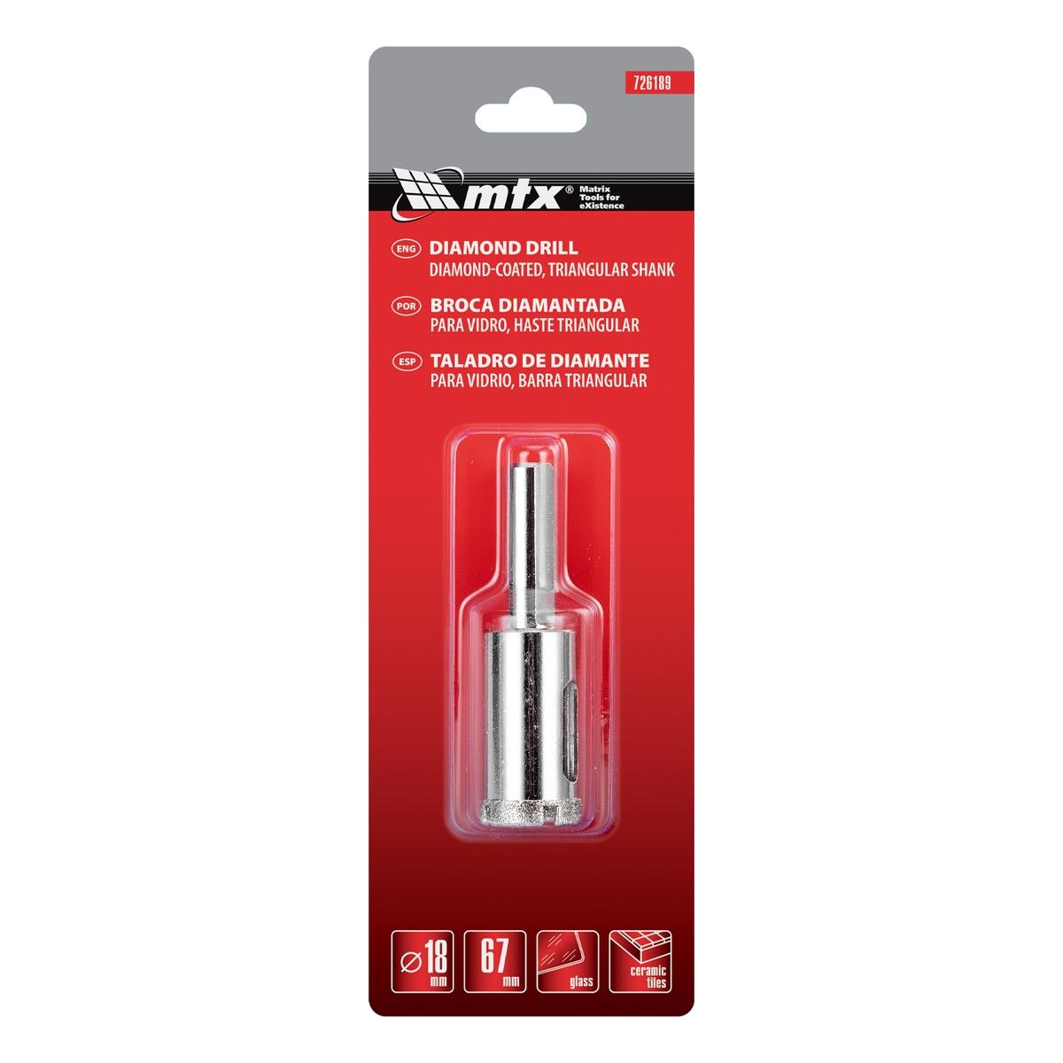 Broca Diamantada Para Vidro 18 X 67mm Haste Sextavada MTX Furos Precisos Sem Lascas