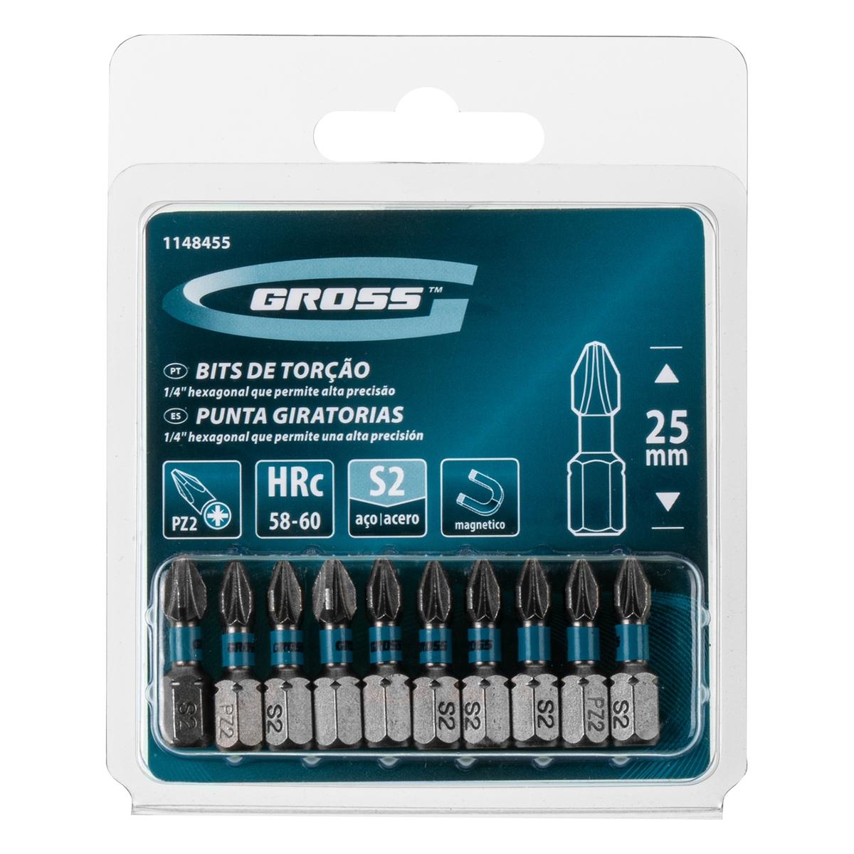 Bits PZ2 Torção Impacto 25mm 10 Unidades Aço Japonês S2 58-60HRC Gross