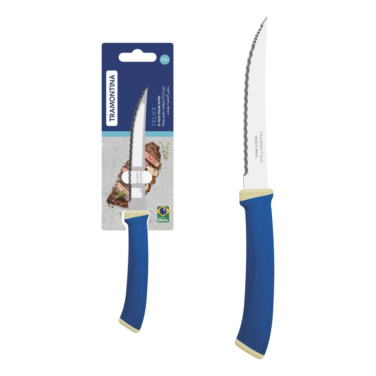 Faca Para Churrasco Tramontina Felice 5 Lâmina Aço Inox Fio Microsserrilhado Cabo Azul Polipropileno