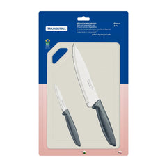 Kit Facas Tramontina Plenus 3 Peças Aço Inox Cinza Com Tábua Proteção Antimicrobiana Cozinha
