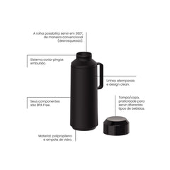 Garrafa Térmica Tramontina Exata 1 Litro Plástico Preto Com Ampola De Vidro Sistema 360 Graus