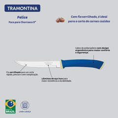 Conjunto 2 Facas Para Churrasco Tramontina Felice Aço Inox Cabo Polipropileno Azul Alta Resistência