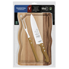 Kit Para Churrasco Tramontina 3 Peças Aço Inox E Madeira Natural Com Tábua E Faca