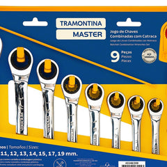 Jogo de Chaves Combinadas com Catraca Tramontina MASTER 9 Peças 8 a 19mm Catraca 72 Dentes