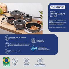 Jogo De Panelas Tramontina Sicília Alumínio 3 Mm 5 Peças Avelã Starflon Excellent
