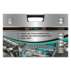 Jogo de Ferramentas Encaixe 1/2'' e 1/4'' 76 Peças Aço Cromo Vanádio Maleta Plástica Stels 14104455