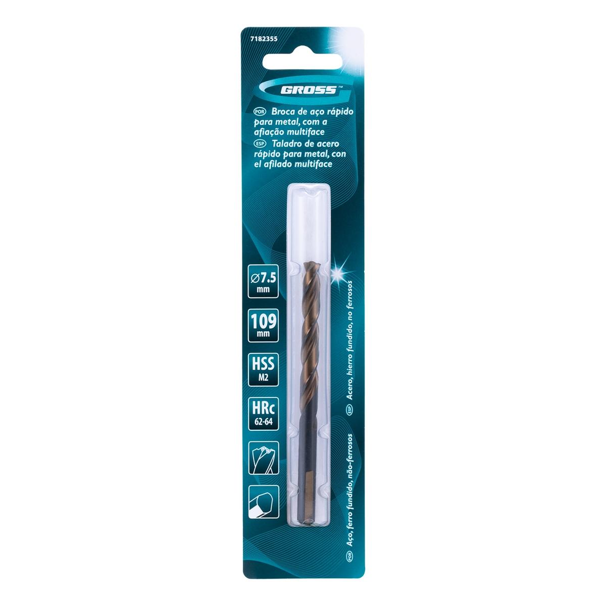 Broca Aço Rápido Para Metal 7,5x109mm P6M5 Gross Afiação Multiface