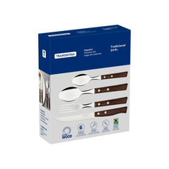 Faqueiro Tramontina Tradicional 24 Peças Aço Inox Cabos Madeira Natural Resistente Jogo Completo
