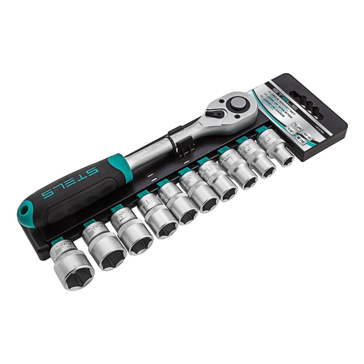 Jogo de Chave Catraca 1/2'' Encaixe Soquetes Sextavados 10-22mm 11 Peças Aço CrV Stels 1412755 - Guimepa
