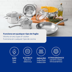 Jogo De Panelas Tramontina Una 5 Peças Aço Inox Com Fundo Triplo Indução E Tampas De Vidro