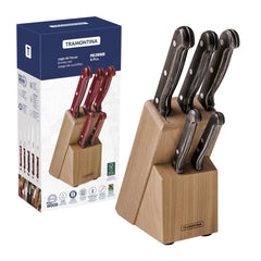 Jogo De Facas Tramontina Polywood 6 Peças Aço Inox Cabo Castanho Com Suporte