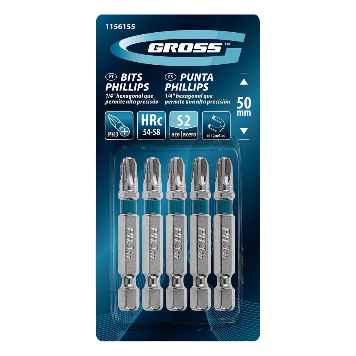 Jogo de Bits Phillips PH3x50mm Aço S2 5 Peças Gross Parafusadeira