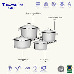 Jogo De Panelas Tramontina Solar Aço Inox Fundo Triplo 4 Peças Indução