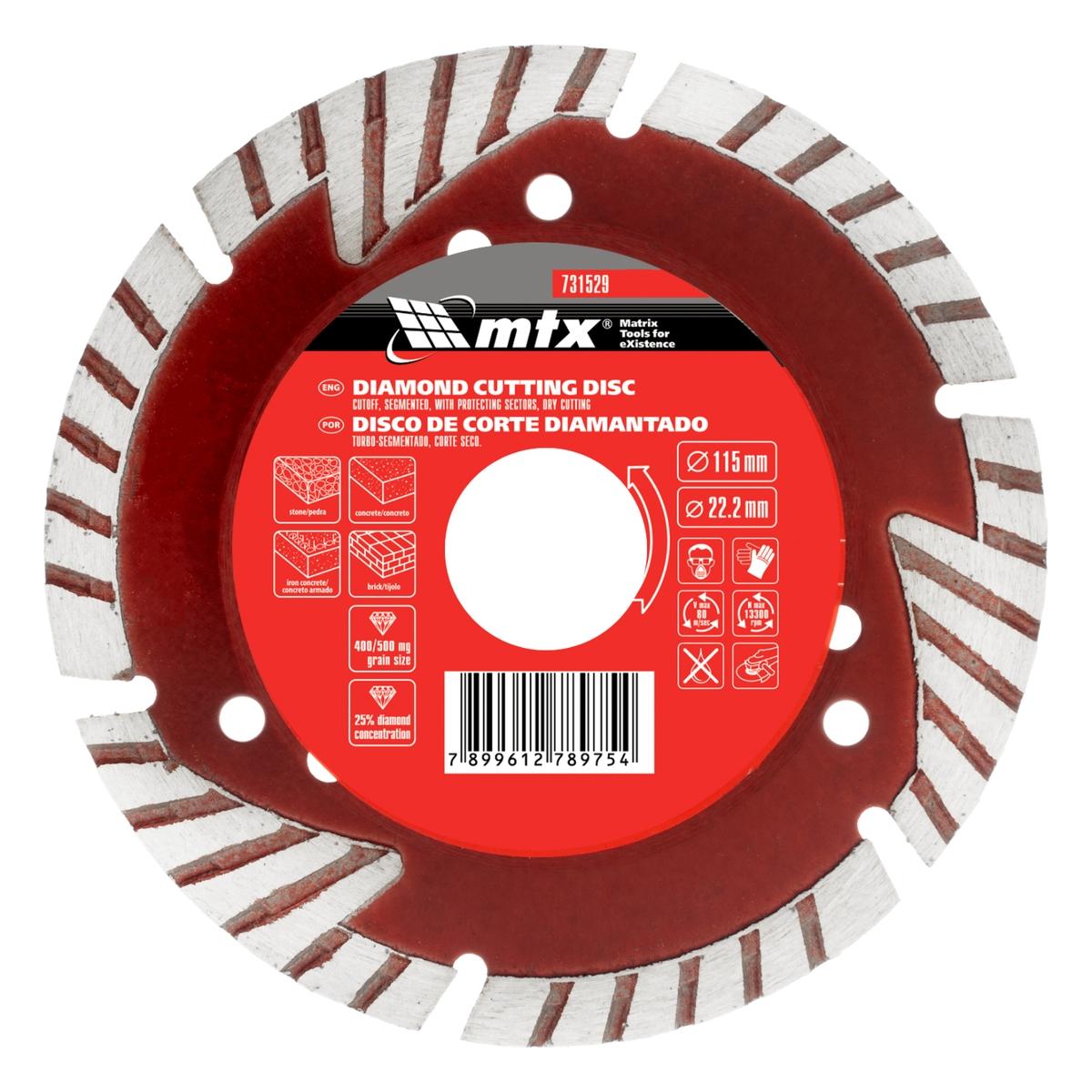 Disco de Corte Segmentado Diamantado 115 x 22,2mm Corte Seco Alta Performance MTX 731529