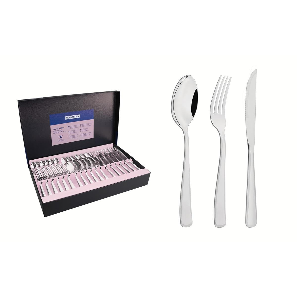 Faqueiro 36 Peças Tramontina Pacific Aço Inox Com Facas Para Churrasco Alto Brilho