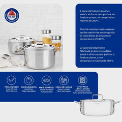 Caçarola Tramontina Grano Funda Aço Inox Corpo Triplo 24 cm 5,8 L Indução Forno 260°C Tampa