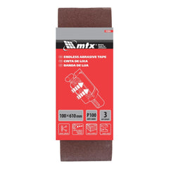 Cinta De Lixa Mtx P100 100x610mm 3 Peças Acabamento Madeira Metal Plástico