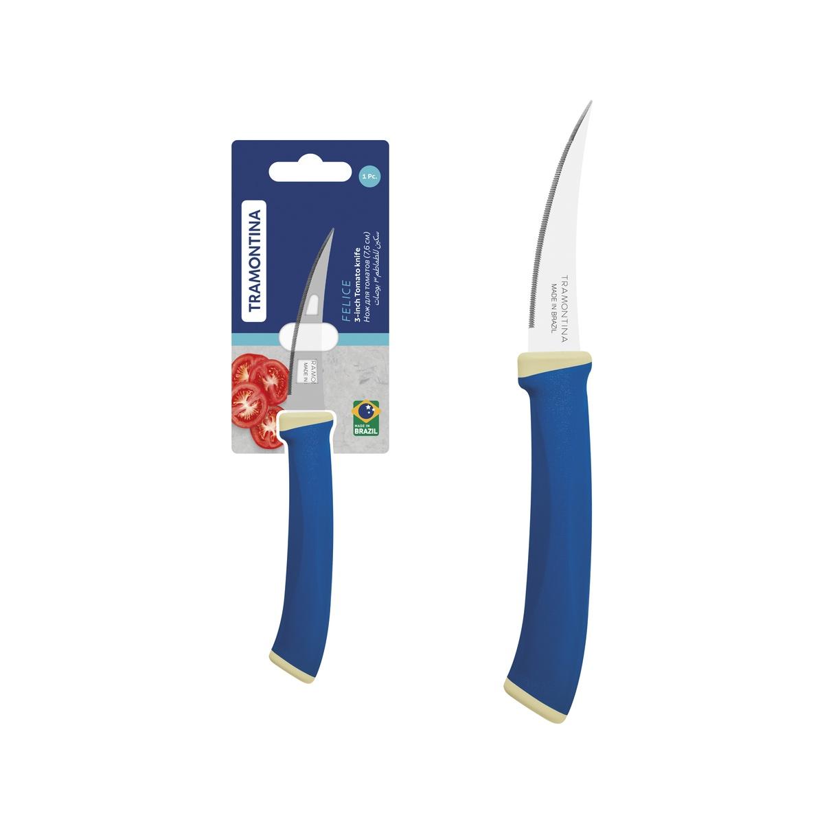 Faca Para Tomate Tramontina Felice Aço Inox 3 Polegadas Cabo Polipropileno Azul Fio Microsserrilhado
