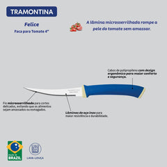 Faca Para Tomate Tramontina Felice 4 Polegadas Aço Inox E Cabo Polipropileno Azul Microsserrilhada