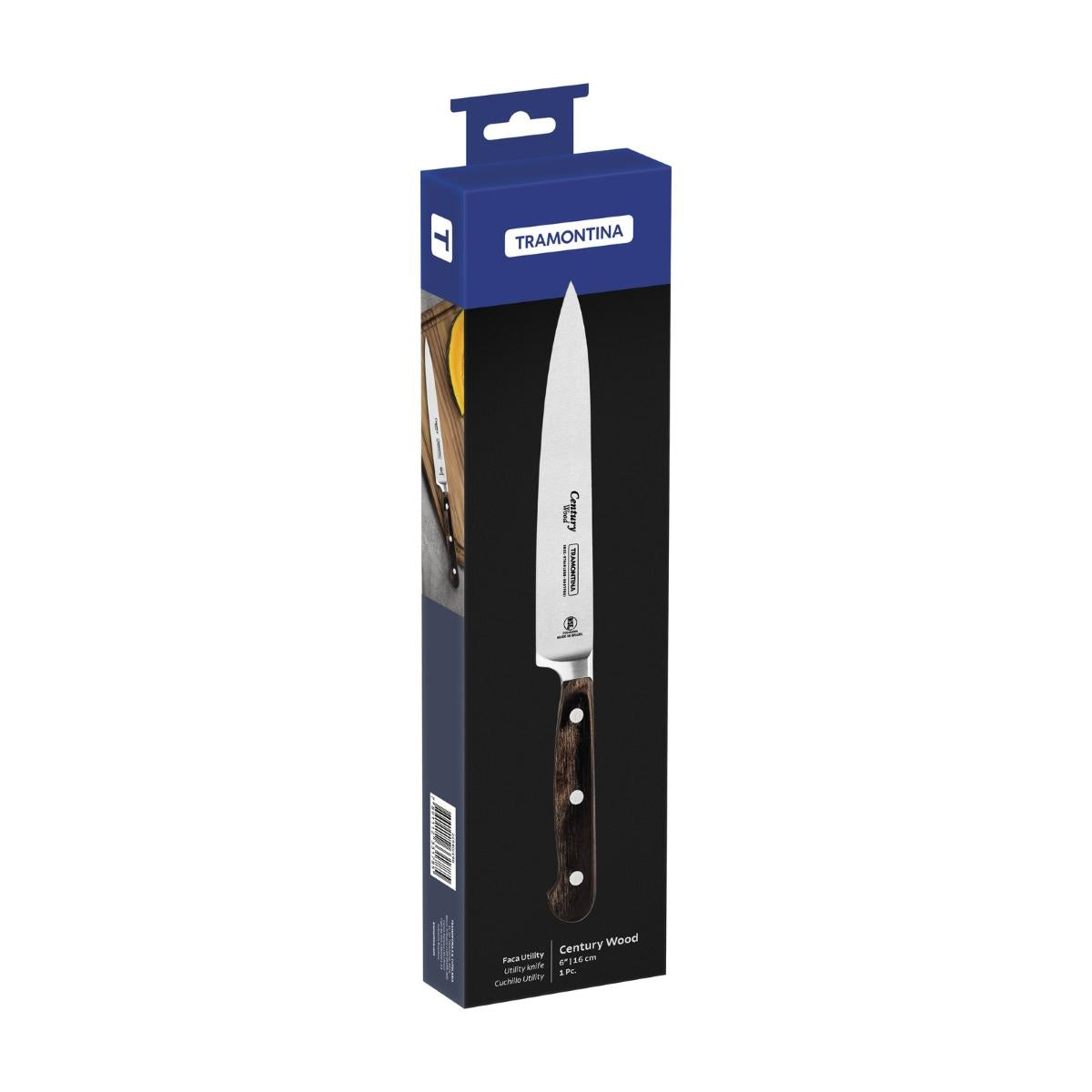 Faca Utility Tramontina Century Wood 6 Polegadas Aço Inox Forjado Cabo Madeira Tratada Profissional