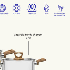 Jogo De Panelas Tramontina Brava Antiaderente Aço Inox Fundo Triplo 4 Peças Efeito Amadeirado