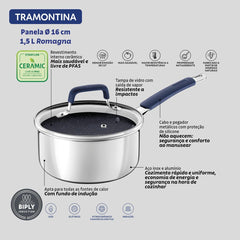 Panela Tramontina Romagna Indução 16 Cm 1,5 L Cerâmica Black Stone Inox E Alumínio