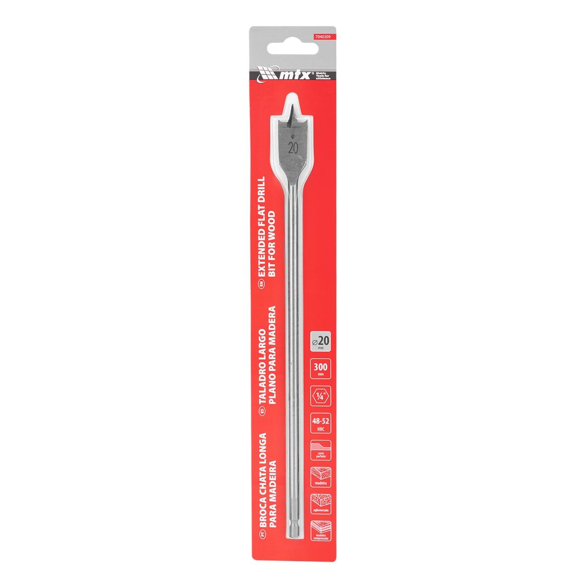 Broca Chata Para Madeira Longa 20 X 300mm Haste Hexagonal 7mm Aço 45 MTX Precisão