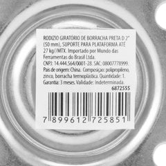 Rodízio Giratório 50 mm Borracha Preta Sem Freio 27 Kg Com Suporte Plataforma MTX