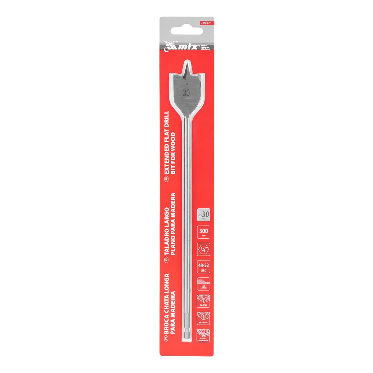 Broca Chata Para Madeira Longa 30mm 300mm Aço 45 HRC 48-52 MTX 7040309 Furos Precisos