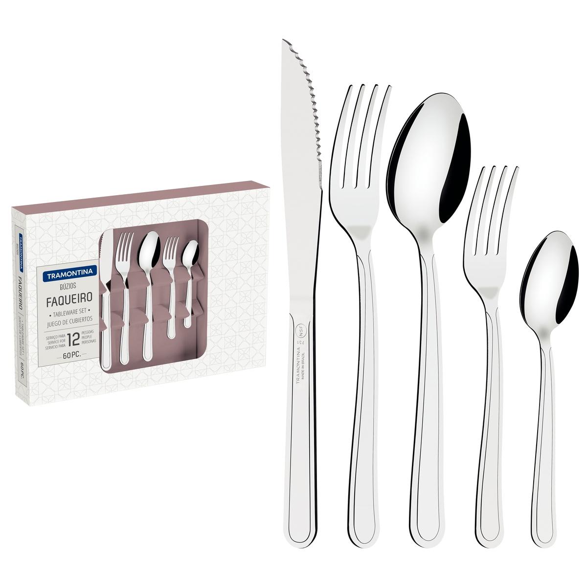 Faqueiro Tramontina Búzios Aço Inox 60 Peças Com Facas Para Churrasco Espessura 2mm E 1.2mm Completo