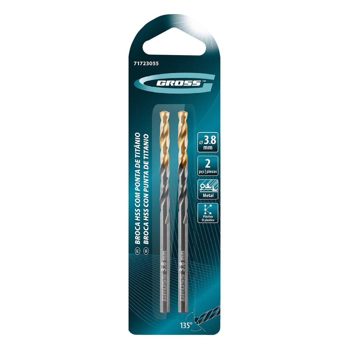 Broca Para Metal 3,8mm HSS Revestimento Nitreto Titânio Golden 2 Peças