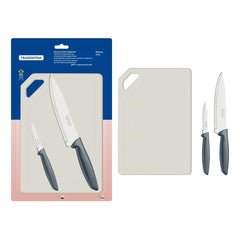 Kit Facas Tramontina Plenus 3 Peças Aço Inox Cinza Com Tábua Proteção Antimicrobiana Cozinha