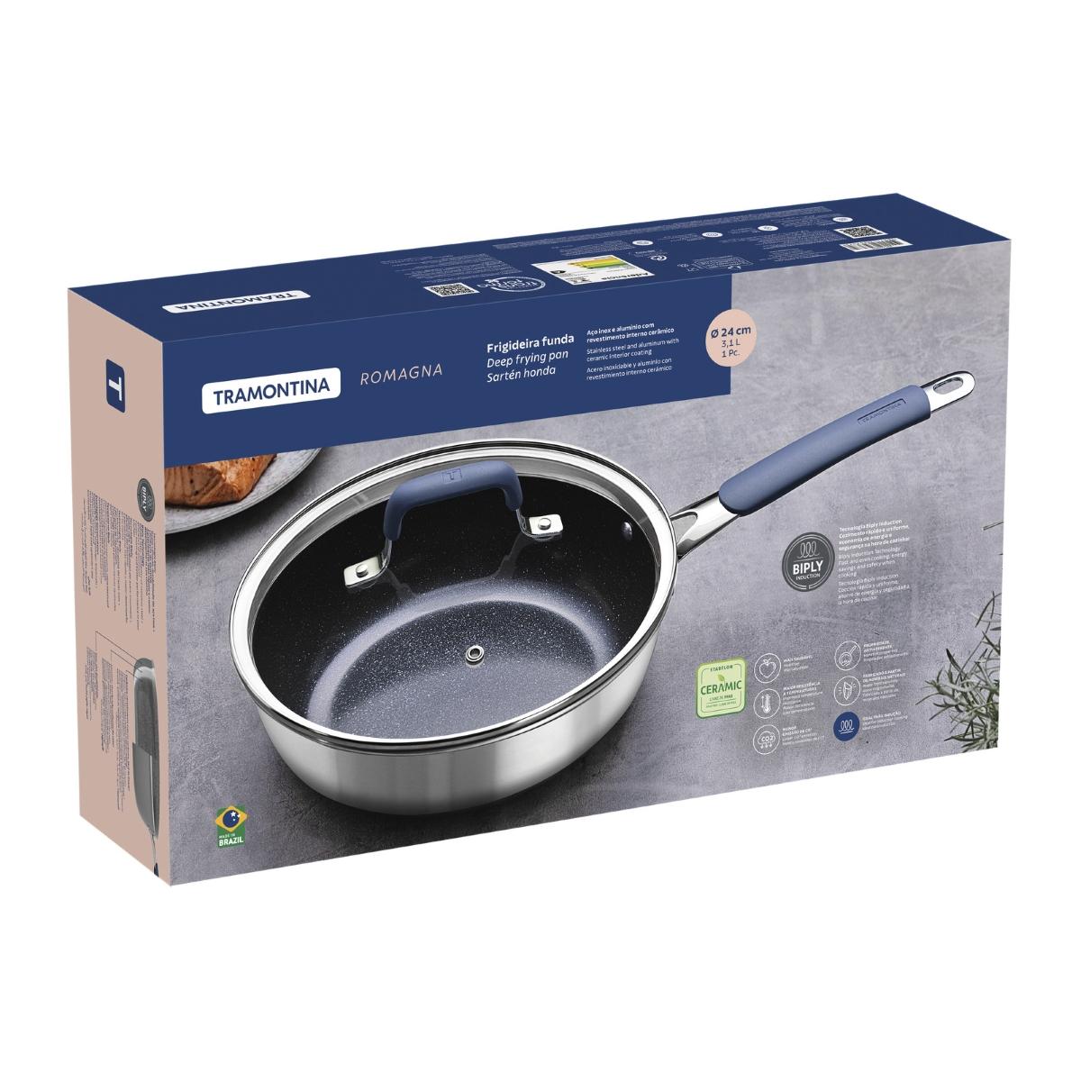 Frigideira Funda Com Tampa 24 Cm 3,1 L Tramontina Romagna Indução Cerâmica Black Stone