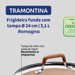 Frigideira Funda Com Tampa 24 Cm 3,1 L Tramontina Romagna Inox Cerâmica Indução