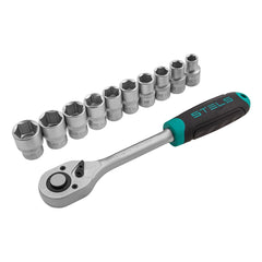 Jogo de Chave Catraca 1/2'' Encaixe Soquetes Sextavados 10-22mm 11 Peças Aço CrV Stels 1412755 - Guimepa