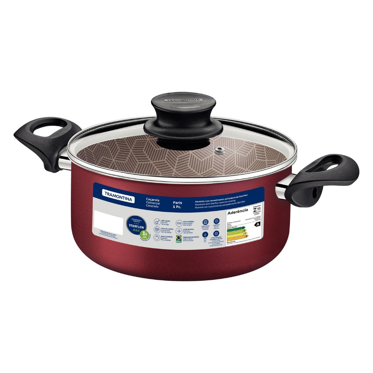 Caçarola Tramontina Paris Antiaderente 28 cm 8 L Vermelha Tampa De Vidro Alumínio
