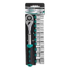 Jogo de Chave Catraca 1/2'' Encaixe Soquetes Sextavados 10-22mm 11 Peças Aço CrV Stels 1412755 - Guimepa