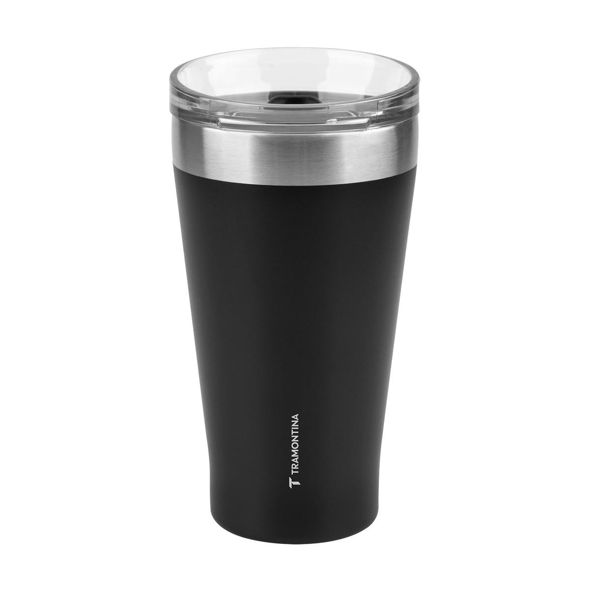 Copo Térmico Tramontina Exata 550 ml Aço Inox Preto Com Tampa Parede Dupla