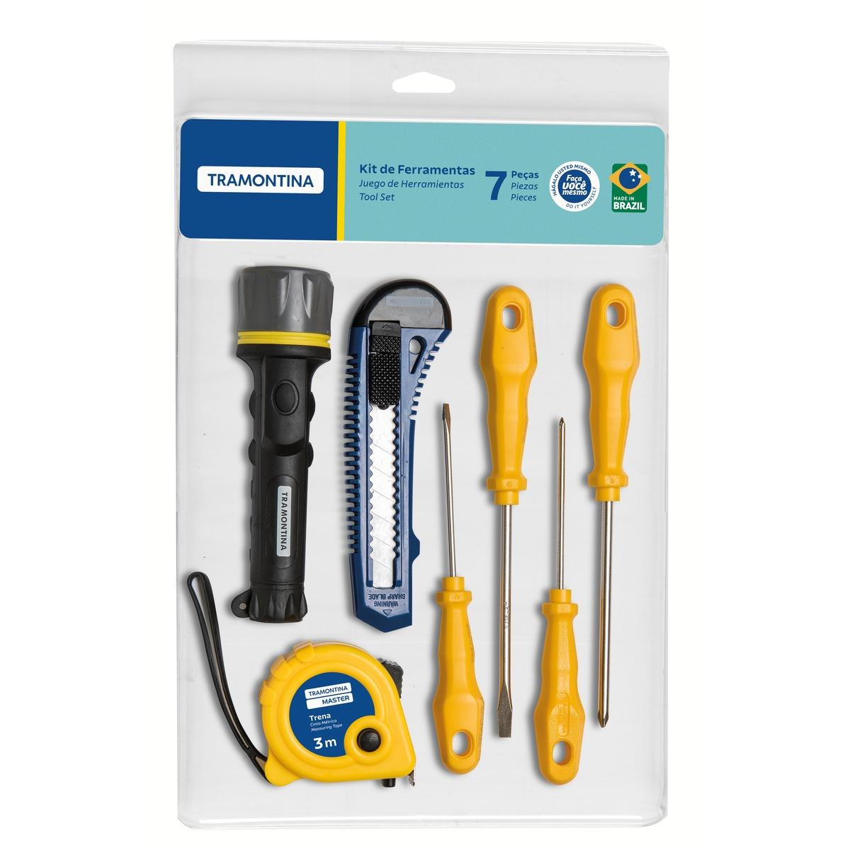 Kit Ferramentas Tramontina 7 Peças Trena Lanterna Estilete Chaves de Fenda para Reparos