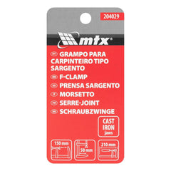 Sargento Para Carpinteiro Grampo Tipo F 150 X 50 X 210mm MTX 204029 Aço Resistente