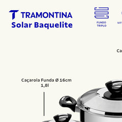 Jogo De Panelas 3 Peças Tramontina Solar Baquelite Aço Inox Fundo Triplo Indução