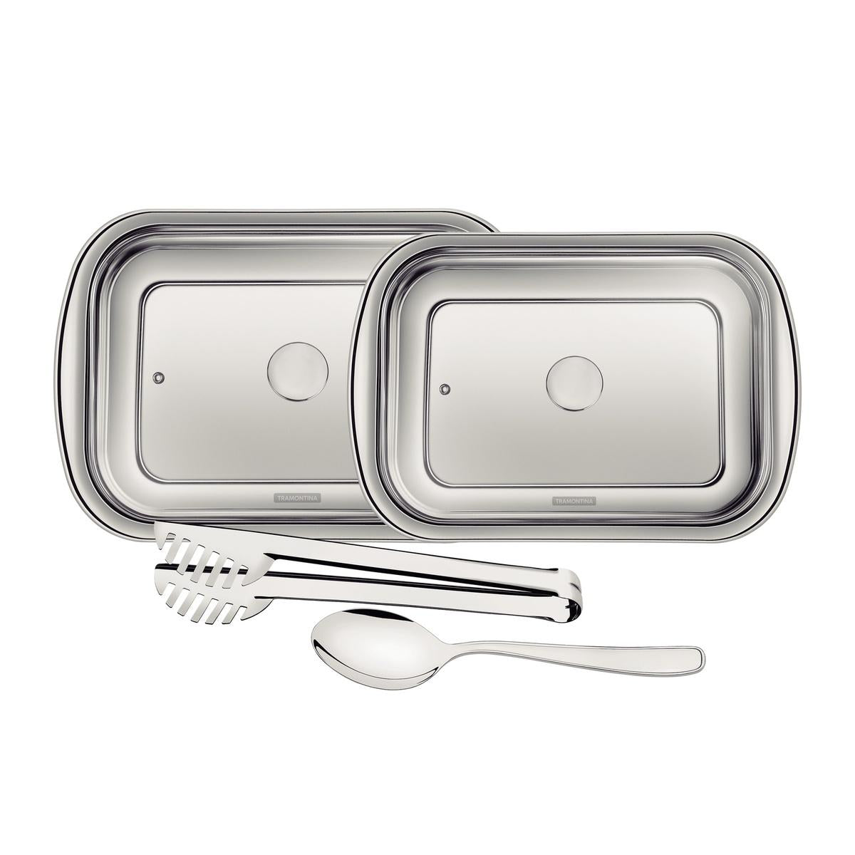 Kit Para Assar E Servir Tramontina Cosmos 4 Peças Aço Inox Fosco Com Tampa De Vidro