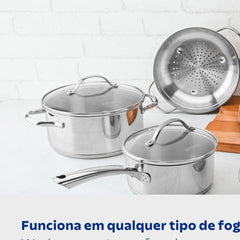 Jogo De Panelas Tramontina Una 5 Peças Aço Inox Com Fundo Triplo Indução E Tampas De Vidro